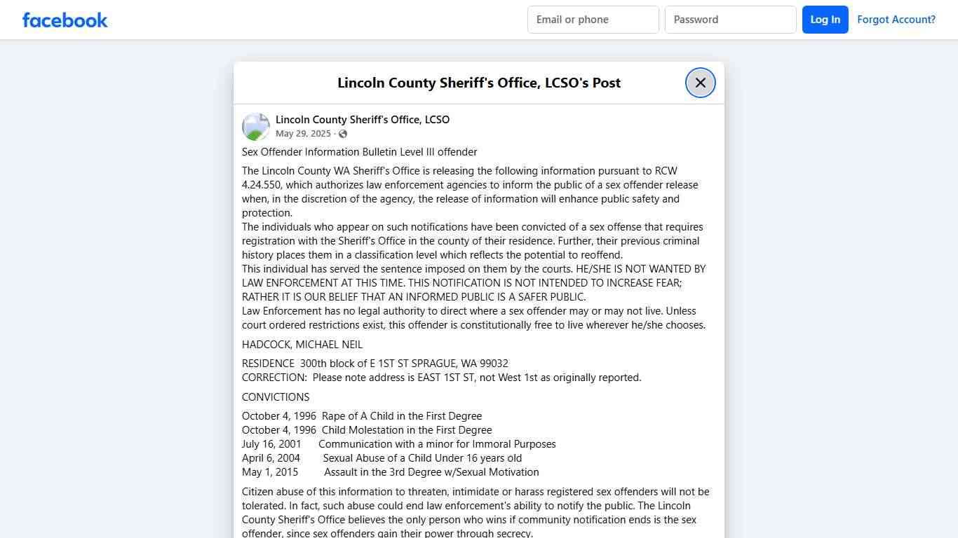 Sex Offender... - Lincoln County Sheriff's Office, LCSO Facebook